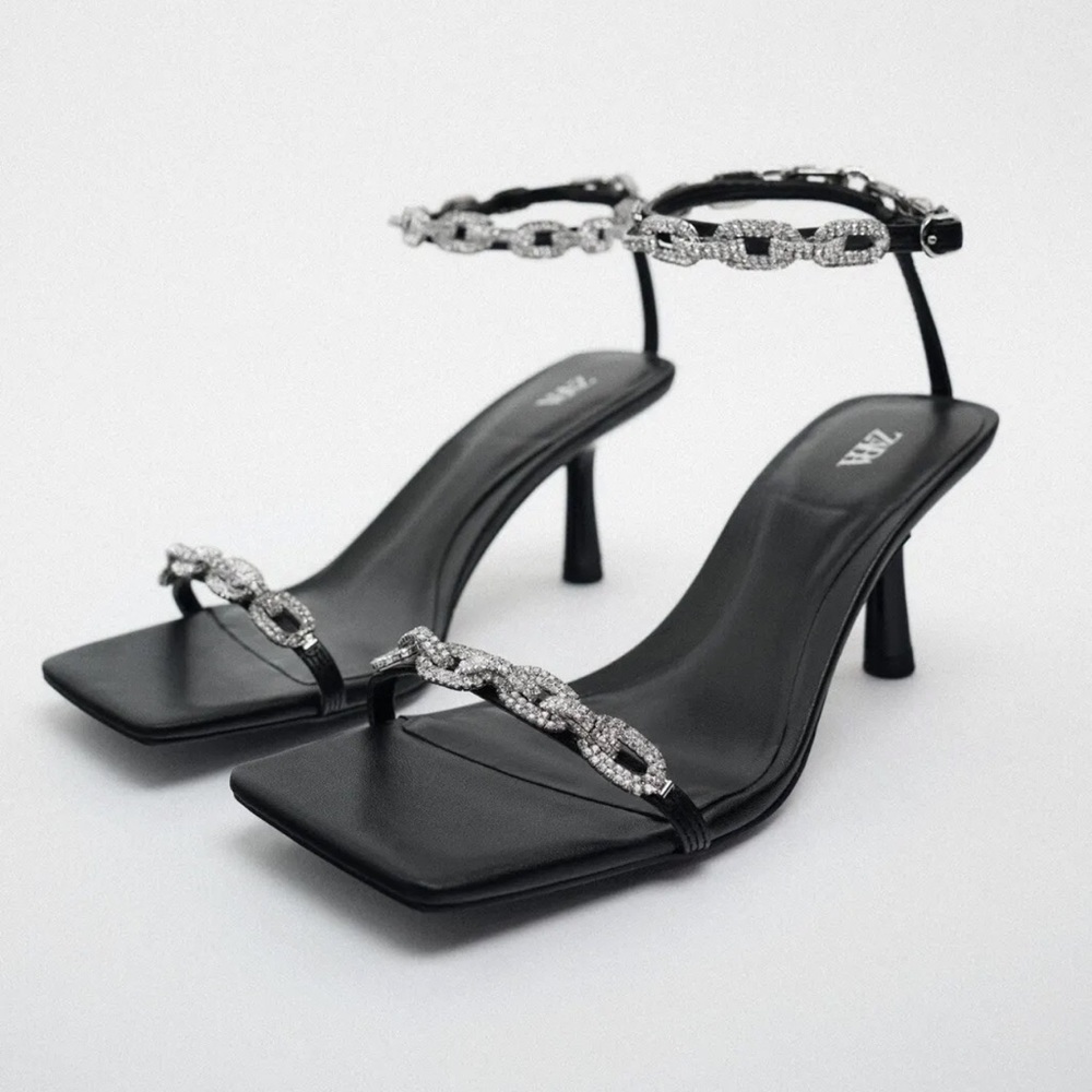 ZARA RHINESTONE CHAIN HEELED SANDALS 8 (39)